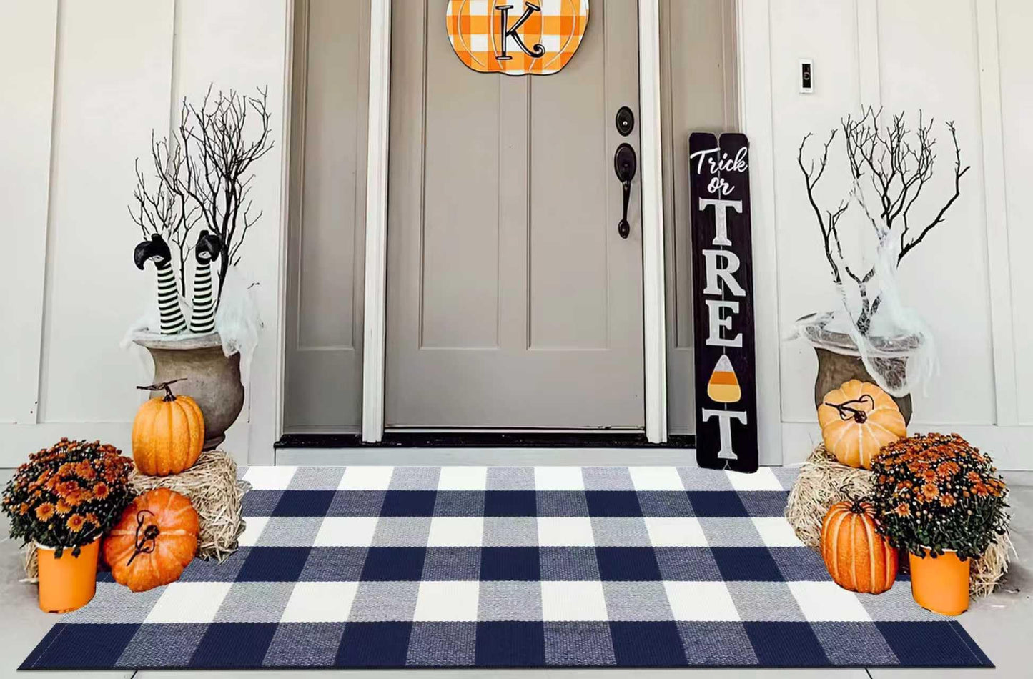 Front Porch Rug 2'X4.3' Blue and White Checkered Outdoor Rug Cotton Woven Washable Halloween Layering Door Mat for Welcome Mat Entryway Bedroom Living Room