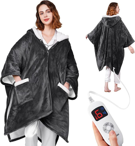 Wearable Heated Blanket - Cozy Gift for Women, Mom, Men| Reversible Flannel & Sherpa Electric Wrap with Pockets & Hood, 6 Heat Levels, 1-4H Timer, ETL Safe, Machine Wash, 50"x70" Grey