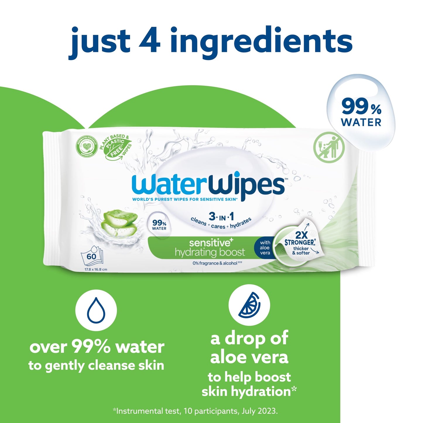 WaterWipes Sensitive+ Hydrating Boost Wipes, 360 Count (6 Packs), 3-In-1 Cleans, Cares, Hydrates, 99% Water with Aloe Vera, Unscented Baby Wipes