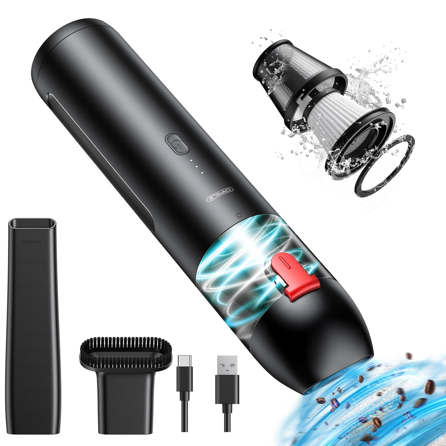 CAFELE Cordless Car Vacuum Cleaner Mini Portable Handheld Vacuum for Sofa Dog Hair with LED Flashlight, 2 Speeds, 2 Nozzles, Max 45Mins Runtime, for Car Home Office Keyboard Desk Couch