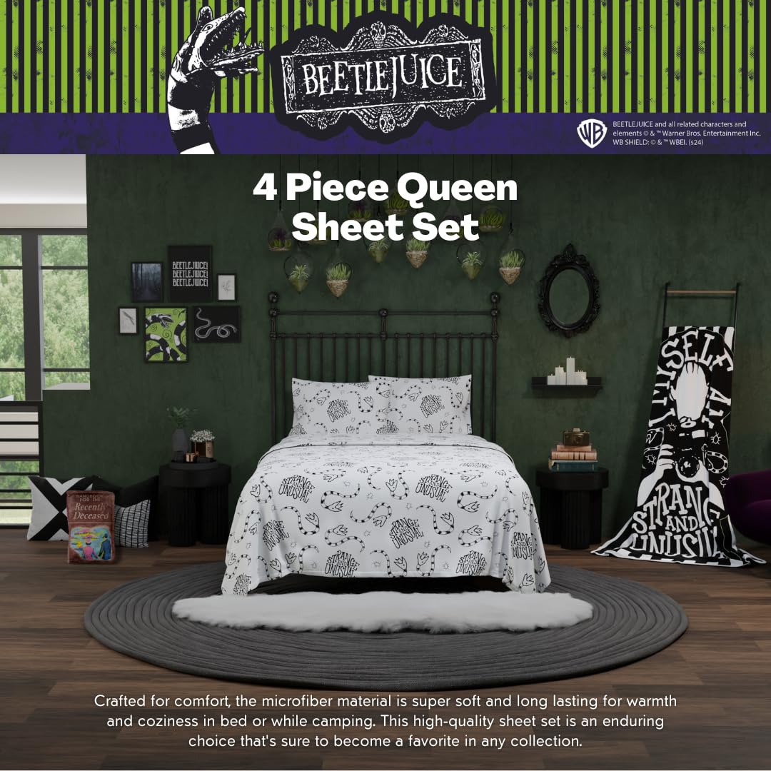 Franco Collectibles Beetlejuice Halloween Bedding Super Soft Microfiber Queen Sheet Set, College Dorm Essentials, (Officially Licensed Product)