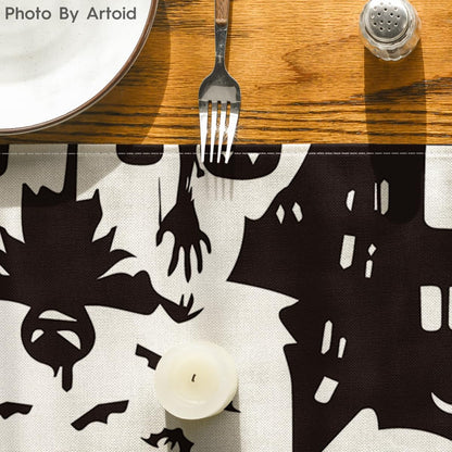 Artoid Mode Black White Spooky Haunted House Tree Ghost Witch Halloween Table Runner, Fall Kitchen Dining Table Decoration for Home Party Decor 13x72 Inch