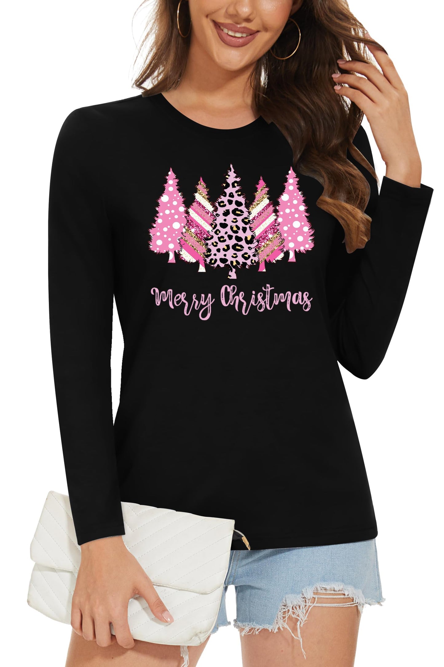 HQP Christmas Shirts for Women: Long Sleeve Christmas Shirts Xmas Tree Graphic Vacation Tees Tops