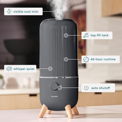 Homedics Ultrasonic Humidifier, Bedrooms and Home Offices, 0.97-Gallon Tank, 45-Hour Runtime, Visible Ultra-Quiet Cool Mist, Aromatherapy, Demineralization Cartridge, Night-Light, Auto-Off, White