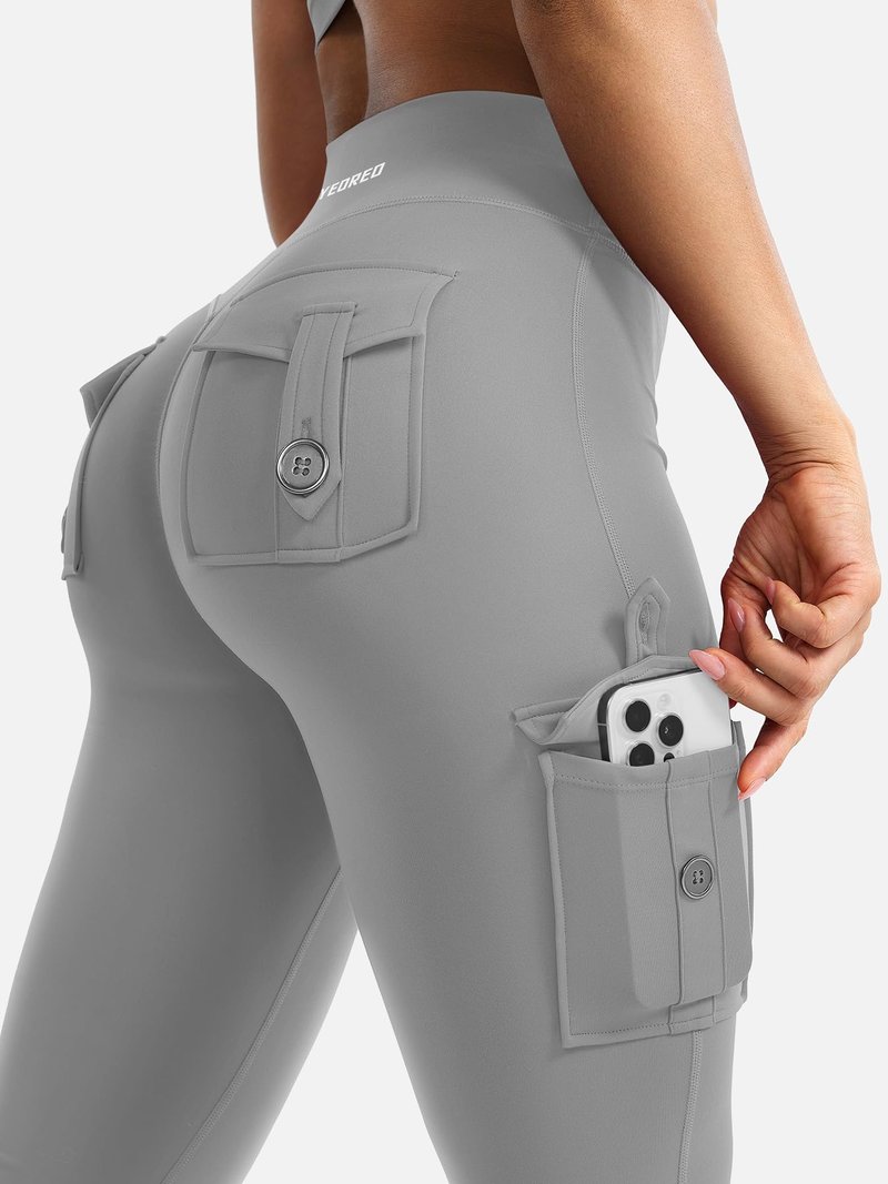 YEOREO CoreFlex Women Workout Flare Leggings with Pockets Scrunch Cargo Gym Yoga Leggings Light Gray XXL