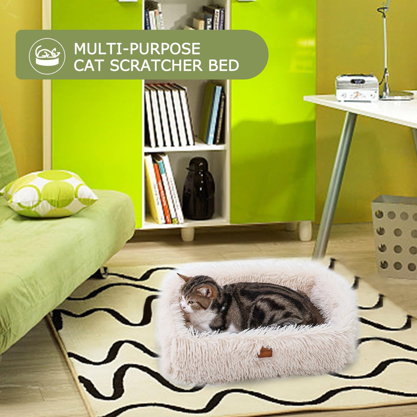 TIGOADT Fluffy Cat Scratcher Lounge Box with Removable Cardboard,Cat Rectangular Bed with Corrugated Board, Pet Scratching Pad for Furniture Protection, Training Toy (Beige)