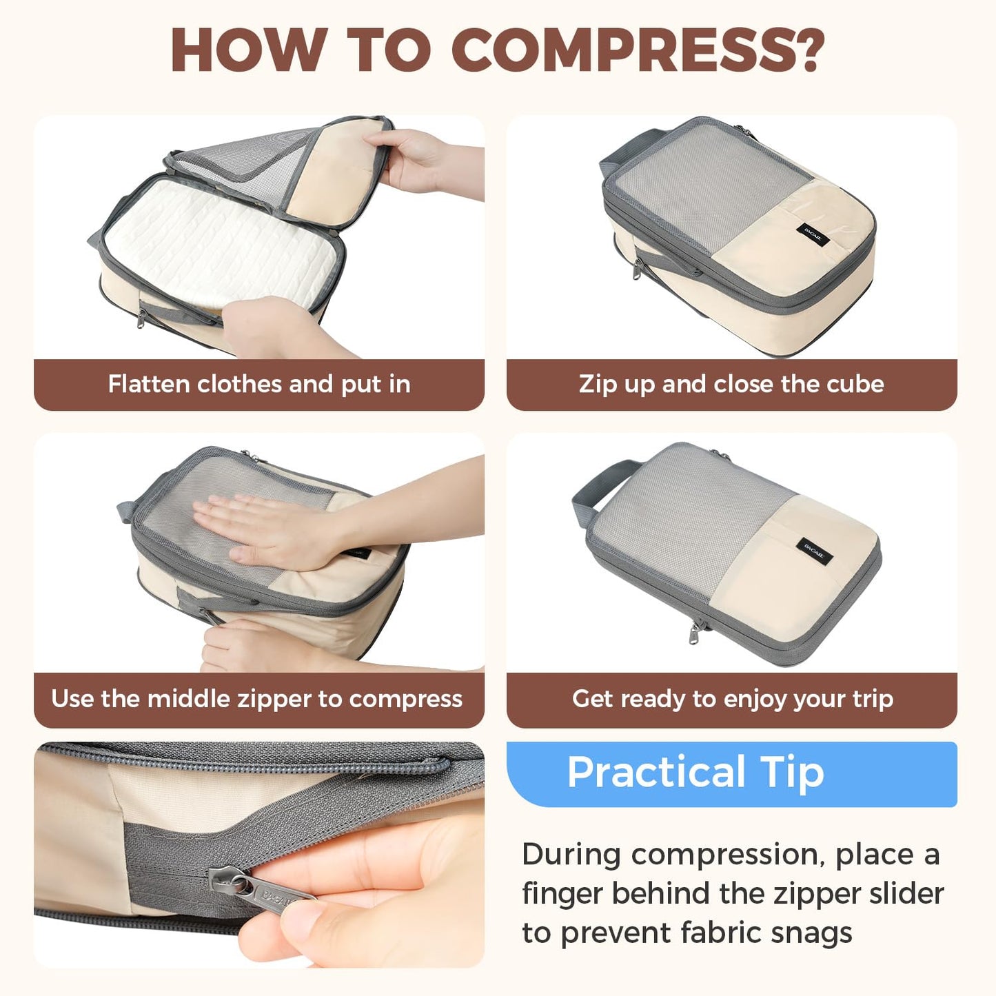 BAGAIL 6 Set Compression Packing Cubes for Travel, Compressible Packing Organizers Travel Accessories for Luggage Suitcase(6 Set, Beige)