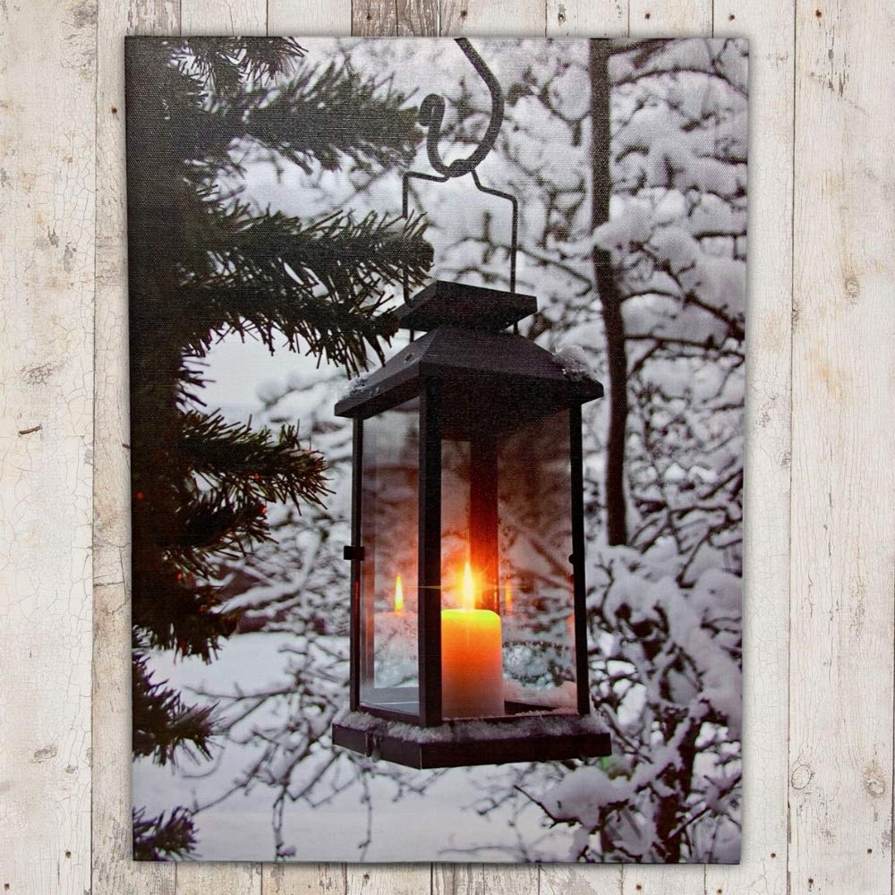 BANBERRY DESIGNS LED Wall Art - Winter Lantern Lighted Canvas - Light Up Snowy Scene With a Glowing Black Lantern - Light Up Canvas Print - Christmas Wall Art - Measures 11.75" x 15.75"