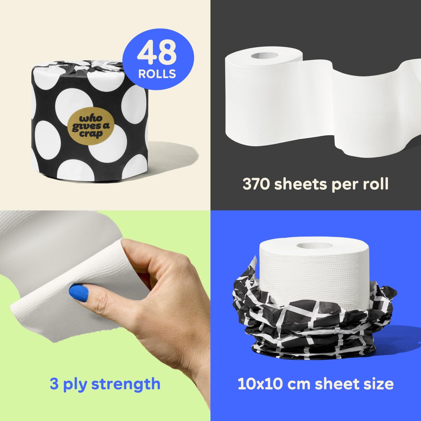 Who Gives A Crap – Premium Bamboo Toilet Roll | Box of 48 Toilet Rolls (3-Ply, 370 Sheets) | Soft, Strong, Sustainable, Biodegradable, Plastic-Free
