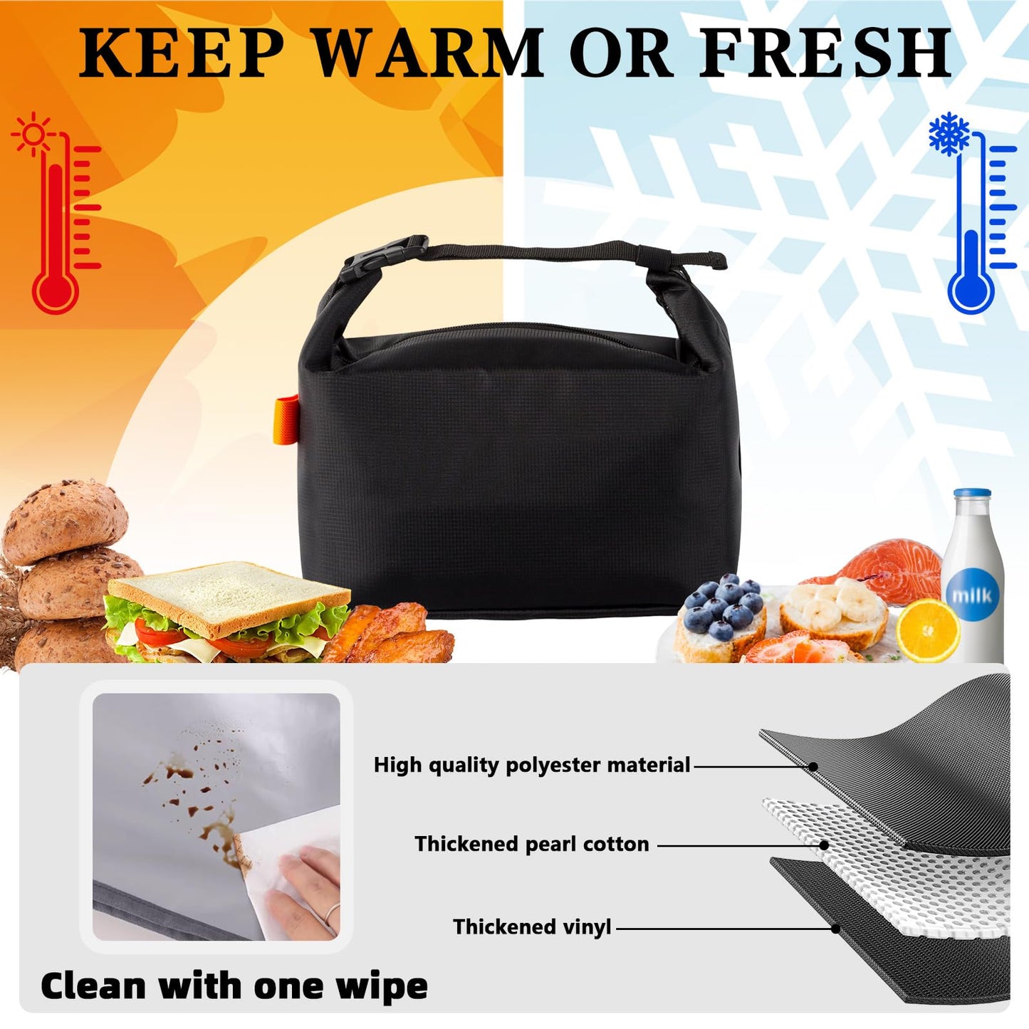 Viiotu Insulated Lunch Bag for Men & Women - Waterproof Oxford Lunch Cooler Bag with Long-Lasting Insulated, Reusable Lunch Tote for Work, Office, Picnic, Travel (Black)