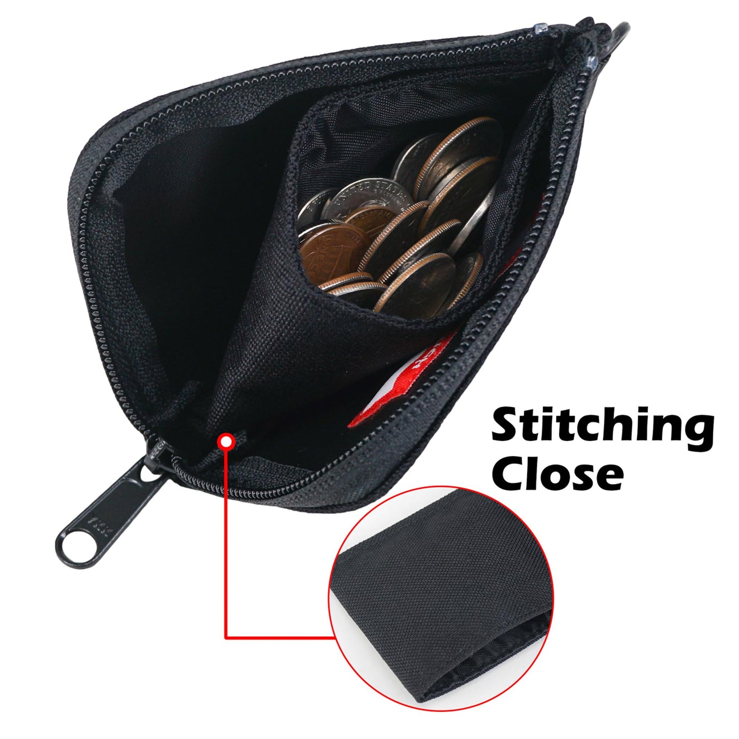 Rough Enough Small Coin Purse Card Wallet Pouch with Zipper Neck Lanyard Keychain for Men Women Teen Boys Black Cordura