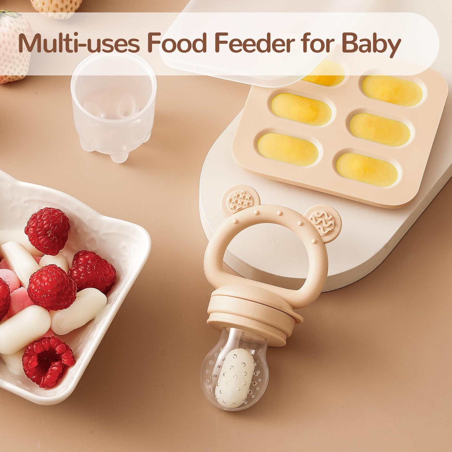 2 Pack Silicone Baby Fruit Feeder with Mini Freezer Tray, Breastmilk Popsicle Molds for Baby Teething Relief, Teethers, Fresh Food Feeder for Safe Infant Self Feeding, Extra Food Pouches - Chocolate