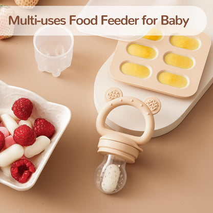 2 Pack Silicone Baby Fruit Feeder with Mini Freezer Tray, Breastmilk Popsicle Molds for Baby Teething Relief, Teethers, Fresh Food Feeder for Safe Infant Self Feeding, Extra Food Pouches - Chocolate