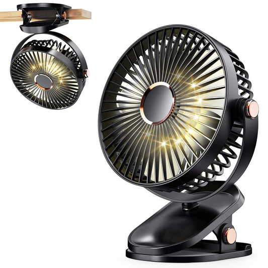 iNeibo 4000mAh Portable Clip on Fan with LED Lights, Battery Operated USB Desk Fan,4 Speed Quiet Rechargeable Mini Table Fan, 360° Rotate Personal Cooling Fan for Home Office Stroller Camping (Black)