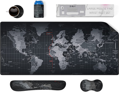5 in 1 Keyboard Mouse Pad Set, Mouse Pad Wrist Support, Extended Gaming + Keyboard Wrist Rest Support, (34.5×15.7 in) Large Ergonomic Mousepad Desk Mat Combo -Black World Map (1-5 Sets-World Map)
