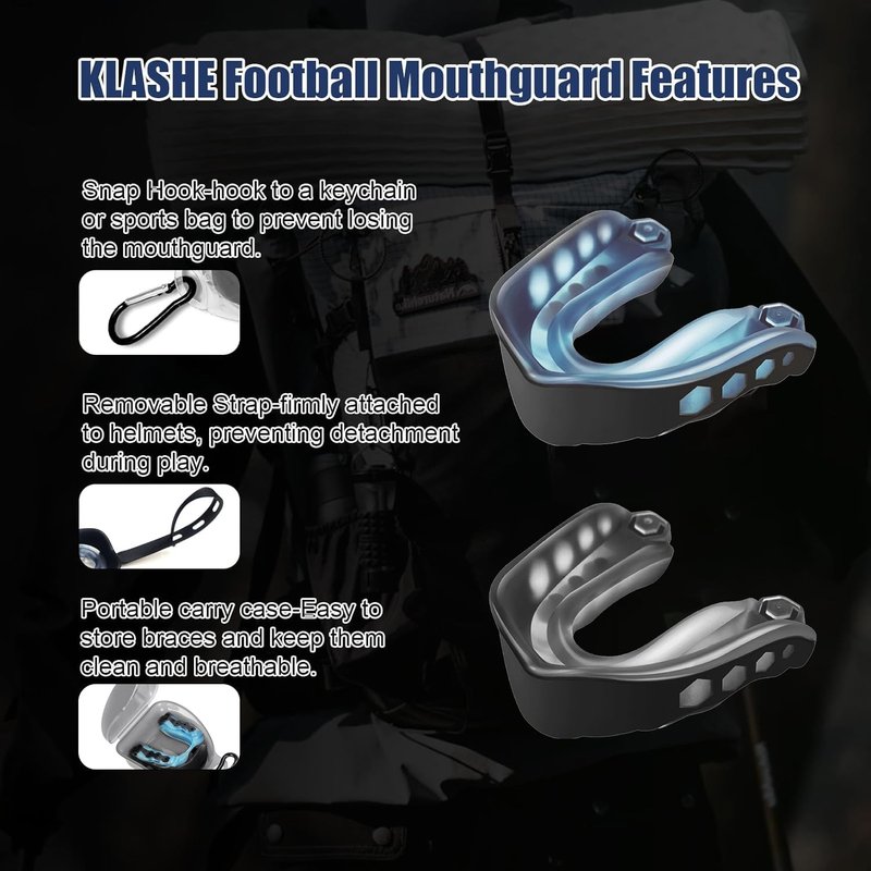 KLASHE Kids Sports Mouthguard Football Mouth Guard, 2 Pack with Case and Strap Mouth Guard Football, 1.7 x 1.96 inches, for Boxing, Basketball, Hockey, Ages 4-7