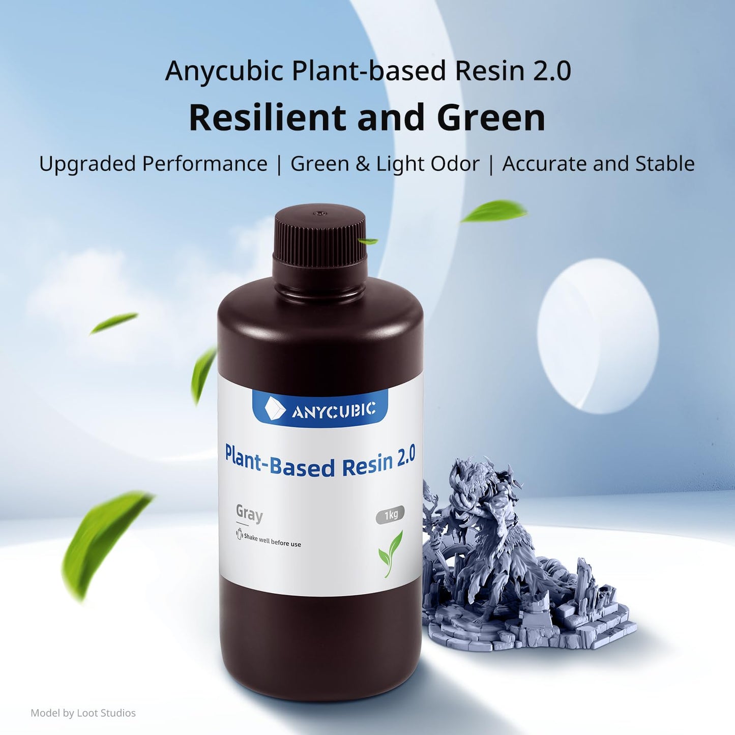 ANYCUBIC Plant-Based Resin 2.0, 3D Printer Resin with Ultra-low Odor, High Toughness and Low Shrinkage, 405nm UV Photopolymer Resin, Fast Curing and Compatible with All Resin 3D Printers, Grey 1kg