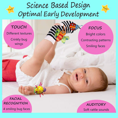 Foot Finders & Wrist Rattles for Infants - Developmental Texture Toys for Babies - Infant Socks & Baby Wrist Rattle - Newborn Toys for Girls Boys 0-3 3-6 6-9 Months
