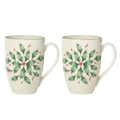 Lenox Coffee Mugs, Hosting The Holidays 2-Piece Holly 14 Oz Mug Set, Ivory Porcelain, Dishwasher and Microwave Safe, Christmas Holly Drinkware Set, Christmas Decorations (White/Green, 14 Oz, 2 Pieces)