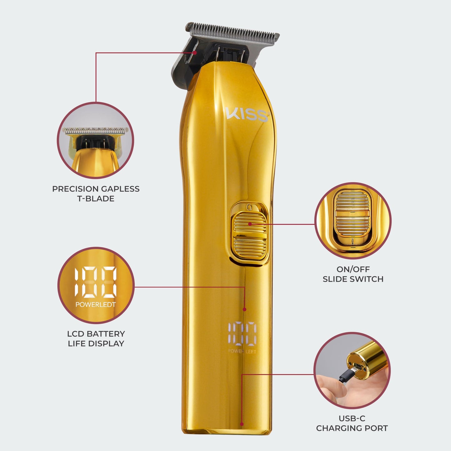 KISS Precision Blade Cordless Trimmer with Stainless Steel T-Blade, Powerful High-Torque, High-Speed Motor, 3 Blade Guard Attachments & Blade Cover, USB Cable & Long-Lasting Lithium Ion Battery