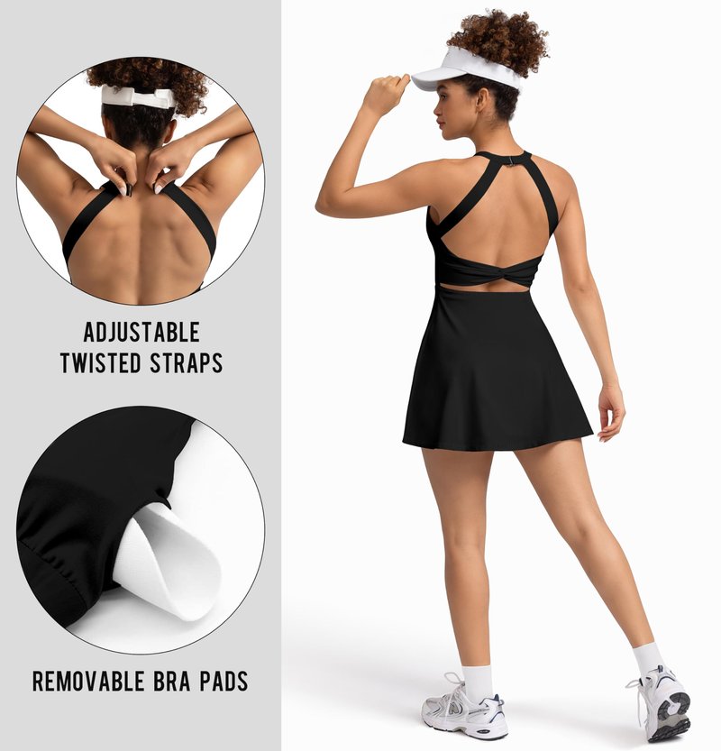 MIRITY Womens Activewear Tennis Dress - Built in Shorts with Pockets and Bra Golf Athletic Workout Dresses Black Medium