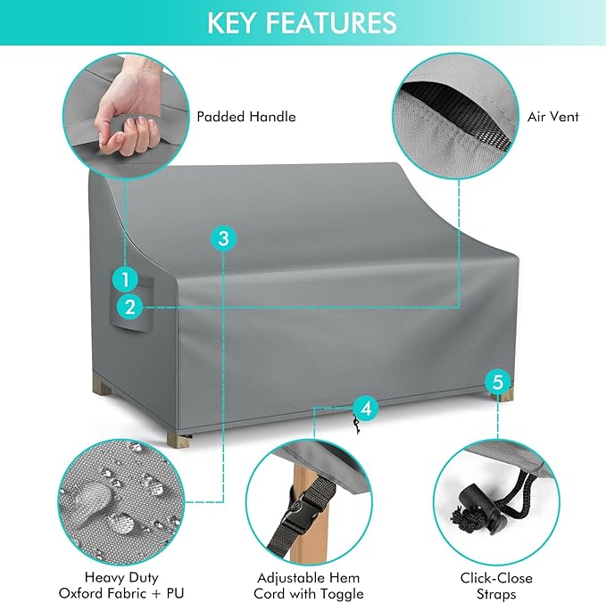 WLEAFJ Patio Sofa Cover Waterproof, Outdoor Loveseat Cover, Heavy Duty Outdoor Couch Cover, Large Lawn Patio Furniture Covers with Air Vent, 54’’ W x 37’’ D x 35’’ H, Grey