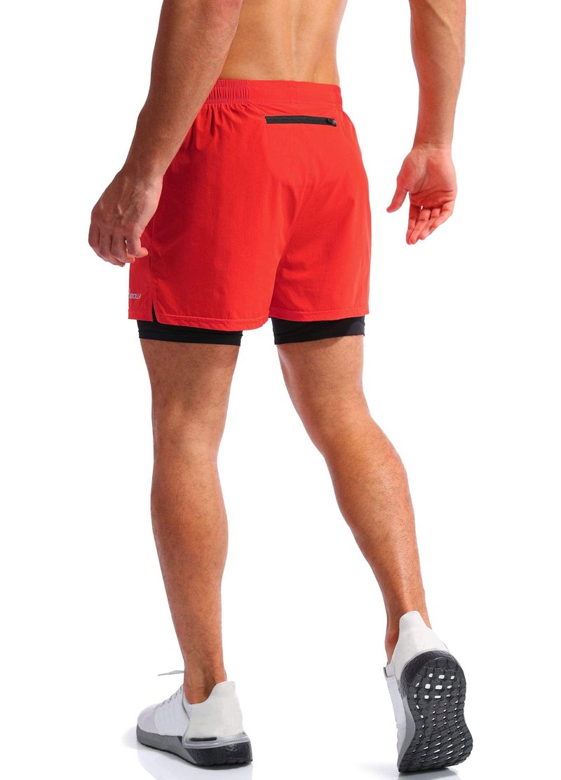 Pudolla Men’s 2 in 1 Running Shorts 5" Quick Dry Gym Athletic Workout Shorts for Men with Phone Pockets(Dark Red Medium)