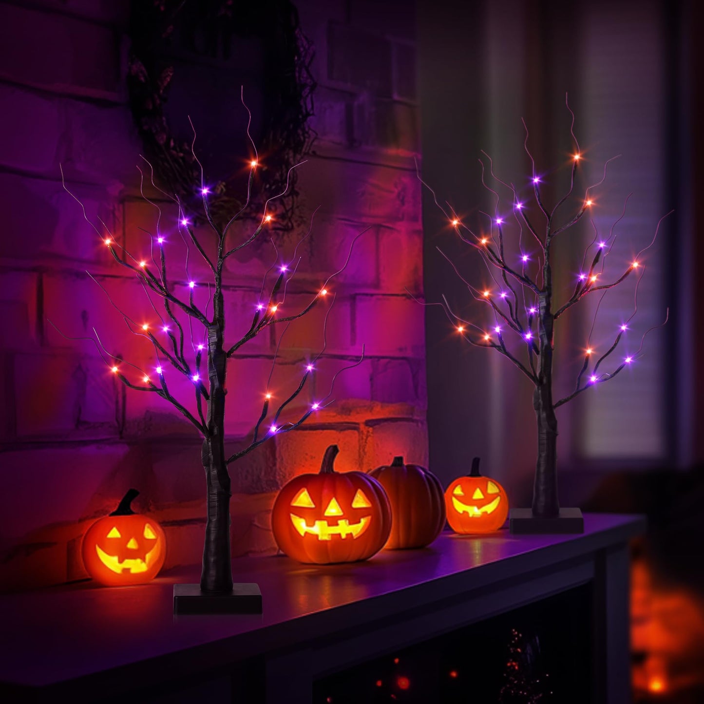 encavy Halloween Decorations Indoor,2 Pack 2FT Birch Tree with 24 Orange and Purple LED Lights,Black Spooky Halloween Tree for Holiday Party,Tabletop Decor for Home,Office,Christmas,Fireplace,Mantle
