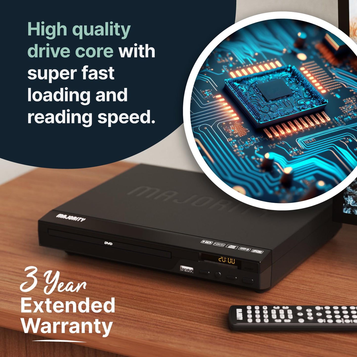 HDMI DVD Player for TV | 1080P Region Free DVD Players for Smart TV | Mini DVD Player with USB, CD & MP3 | HDMI Cable, RCA Cable & Remote Control Included | Majority-DVD