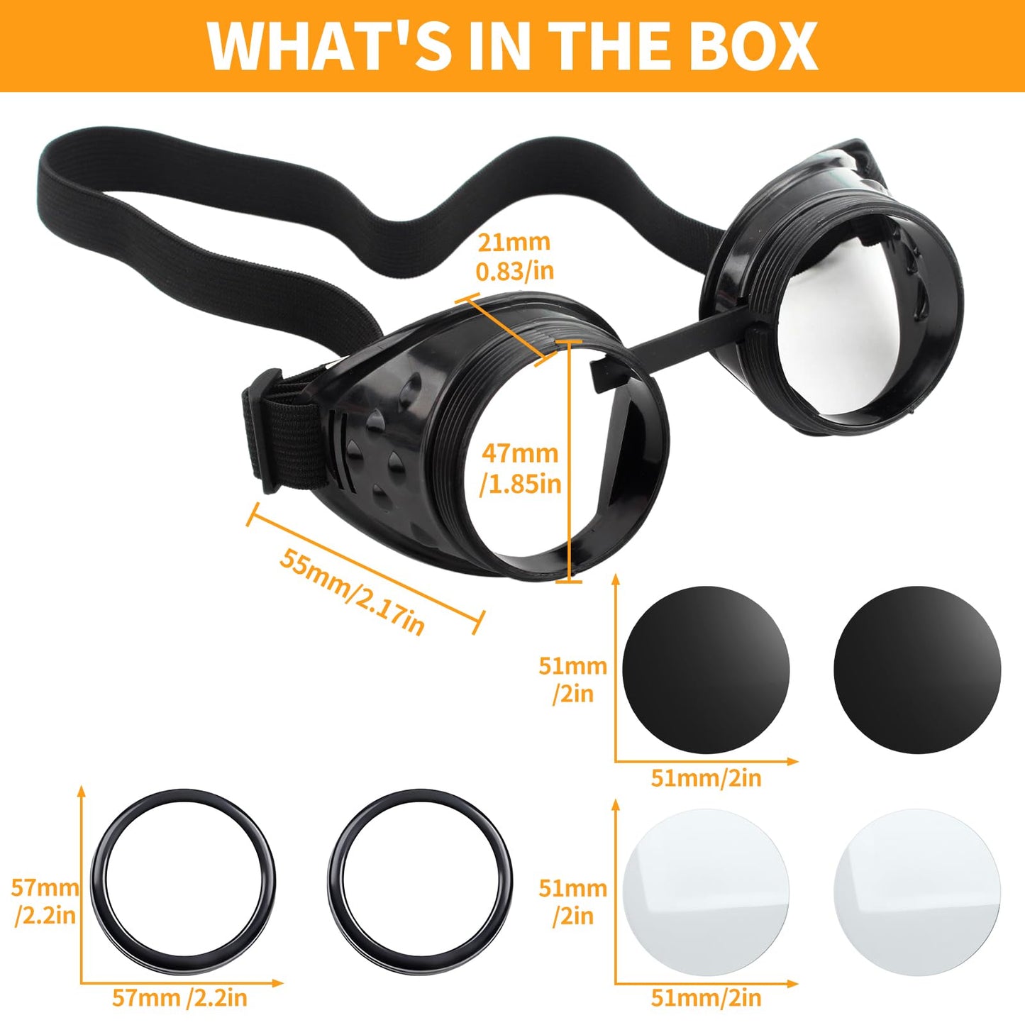 TamBee Costume Goggle Steam Punk Glasses Costume Cosplay Goggles Steampunk Accessories - Round Goggle, Black Lens, Elastic Band, for Halloween Party, Women, Men (1 Black + 1 Copper)