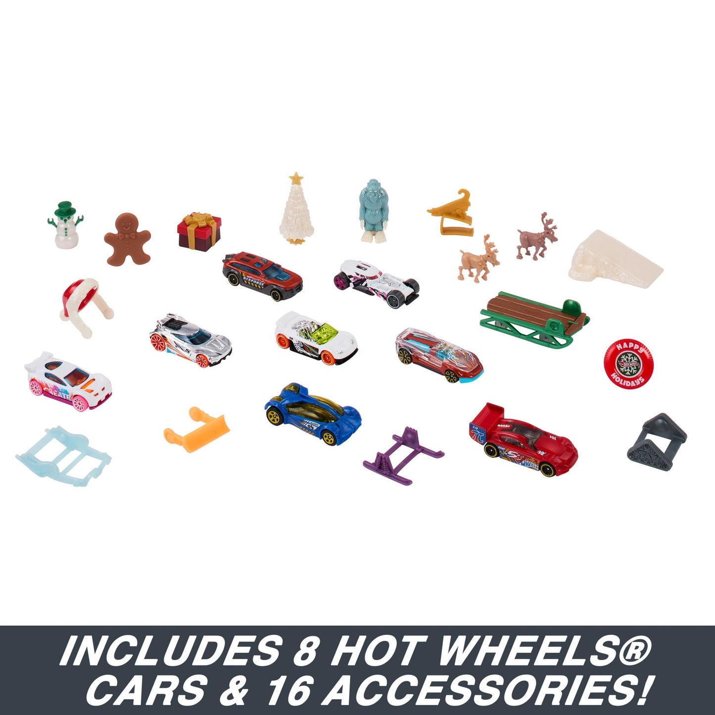 Hot Wheels Advent Calendar, 8 Hot Wheels Cars and 16 Winter-Themed Accessories behind 24 Numbered Doors Plus a Playmat, For Kids & Hot Wheels Fans, HKL74