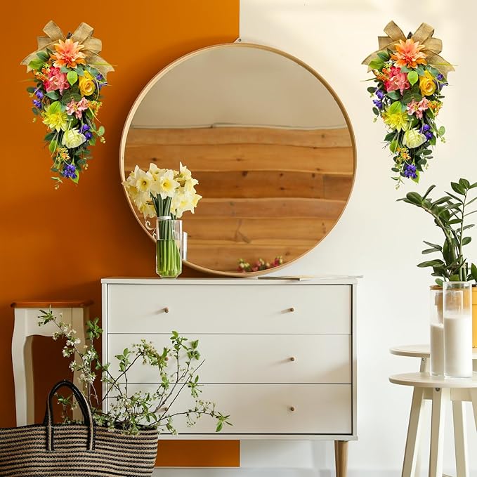 Spring Summer Floral Teardrop Swags Lighted Mixed Flower Teardrop Wreath with Dahlia Pinnata Peonies Rose Burlap Bow and Eucalyptus Leaves Floral Arrangement for Door Wall Mantel Window