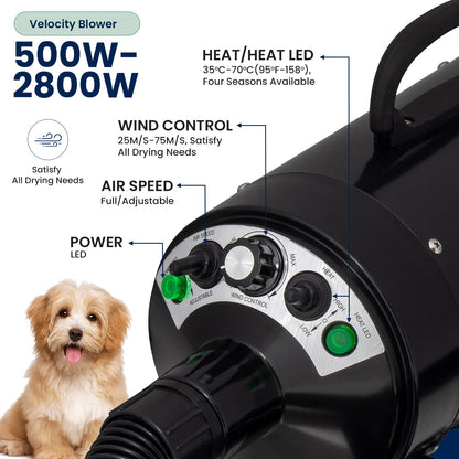 My Pet Command 220V Professional Dog Hair Dryer Blaster 500W-2800W 4HP Hot and Cold Adjustable stepless Airflow Pet Grooming High Velocity Air Blower blaster Drying Deshedding extra Dog Grooming Brush