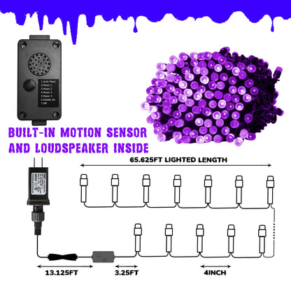 PEIDUO Halloween Decorations Outdoor, 82 FT 200 LED Purple String Lights, Motion Sensor Controller Sync with Spooky Music, Twinkle Fairy Lights for Outside Indoor Party Bedroom Halloween Decor