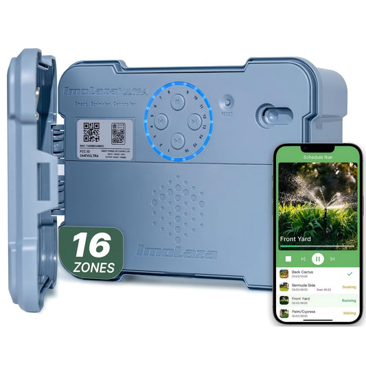 ImoLaza Outdoor Smart Sprinkler Controller, 16-Zone WiFi Irrigation Controller with Hyper-Local Weather, App Remote Control, Works w/ Alexa, Auto Watering, Rain/Freeze/Wind Skip, Smart Fault Detection