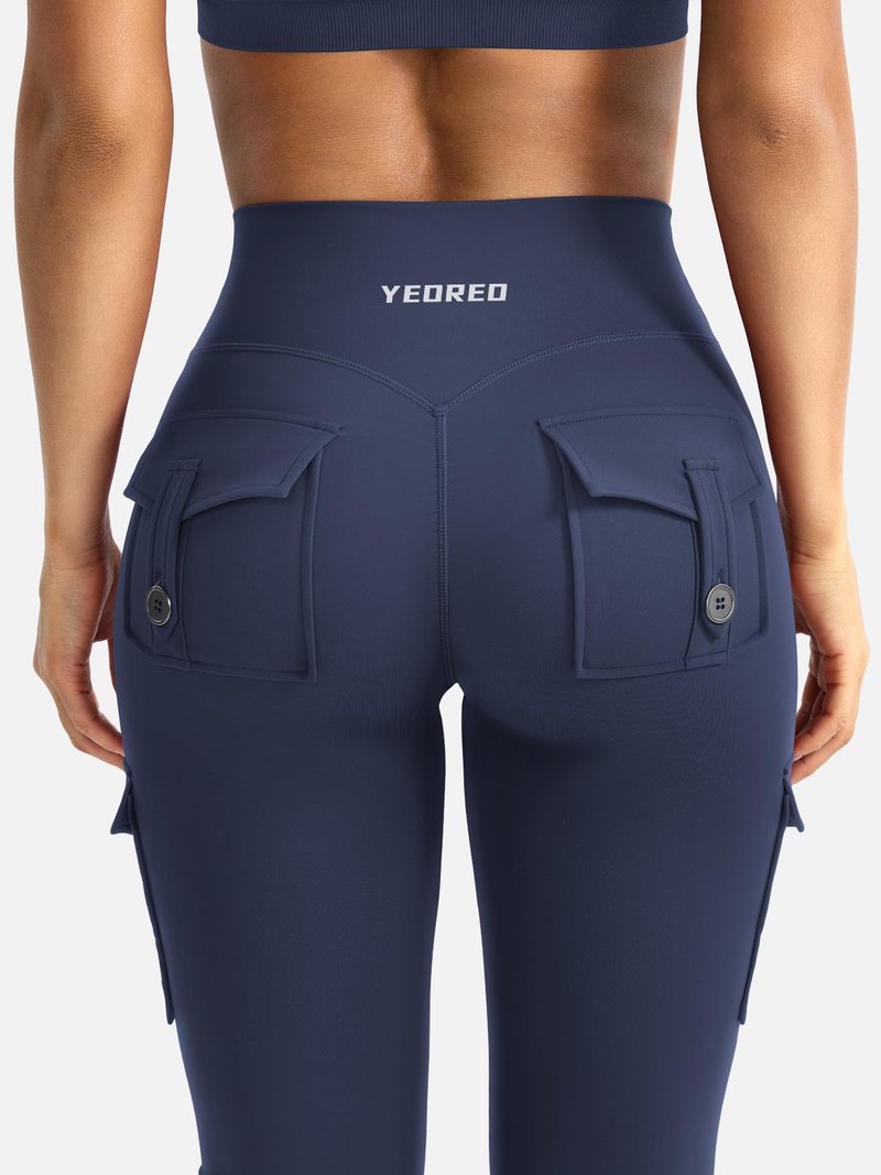 YEOREO CoreFlex Women Workout Flare Leggings with Pockets Scrunch Cargo Gym Yoga Leggings Navy M
