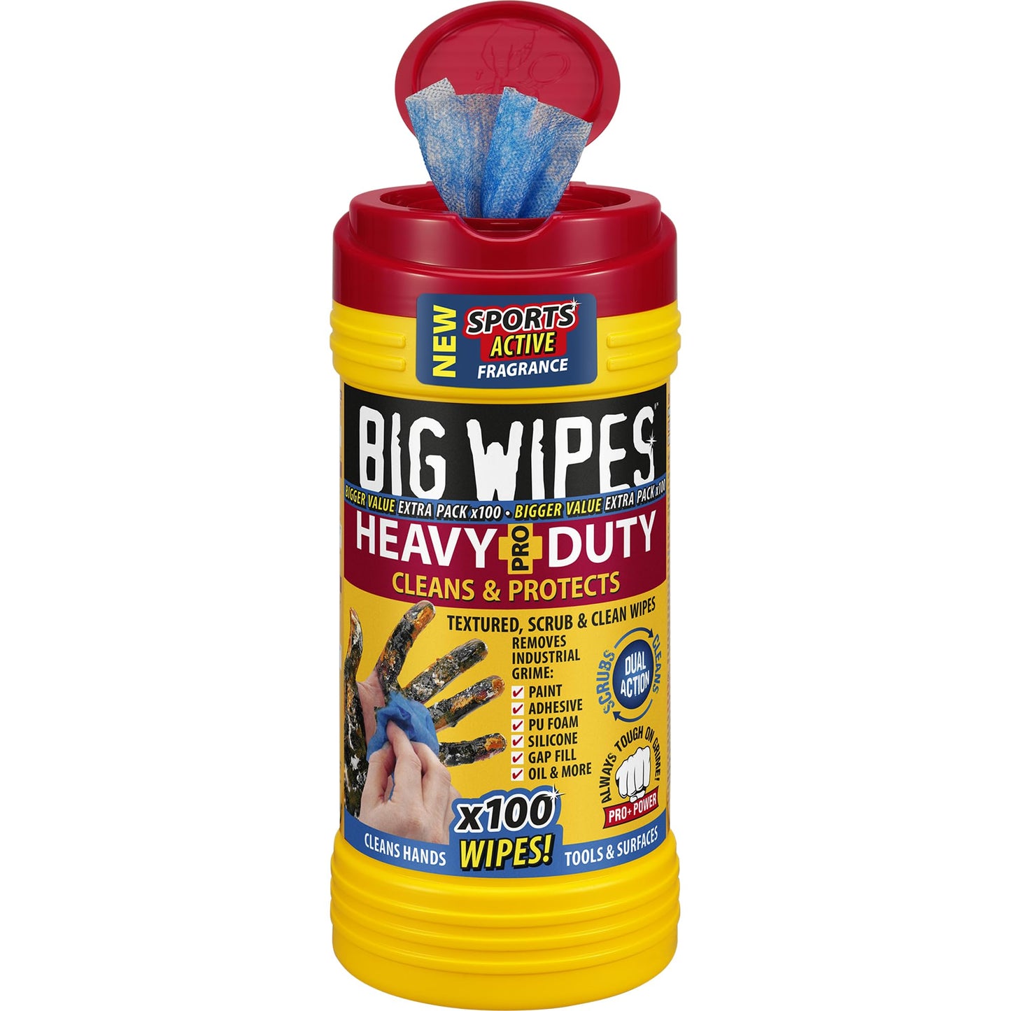 Big Wipes Heavy Duty Pro+ Hand Wipes x100 - Dispenser Tub | Removes Paint, Oil, PU Foam & Adhesives. Aloe Vera & Vitamin E Enriched, Dual-Sided Trade Wipes, Skin Safe, Tear Resistant