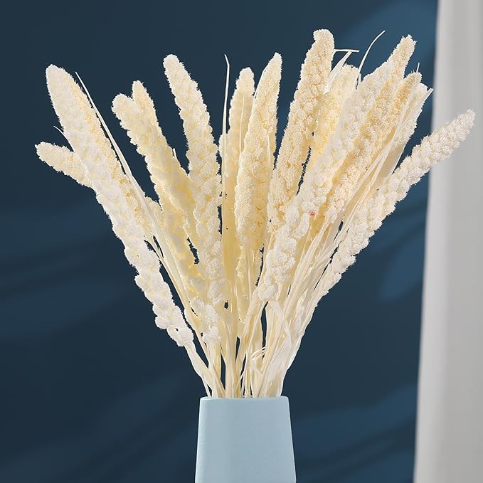 Dried Flowers Bouquet, Dry Flower Bundle, 20Pcs Natural Real Millet Flowers with Stems, Dried Floral Arrangements for Wedding Decor, Door Wreath, Home Party Vase Farmhouse Decoration (White, 17'')