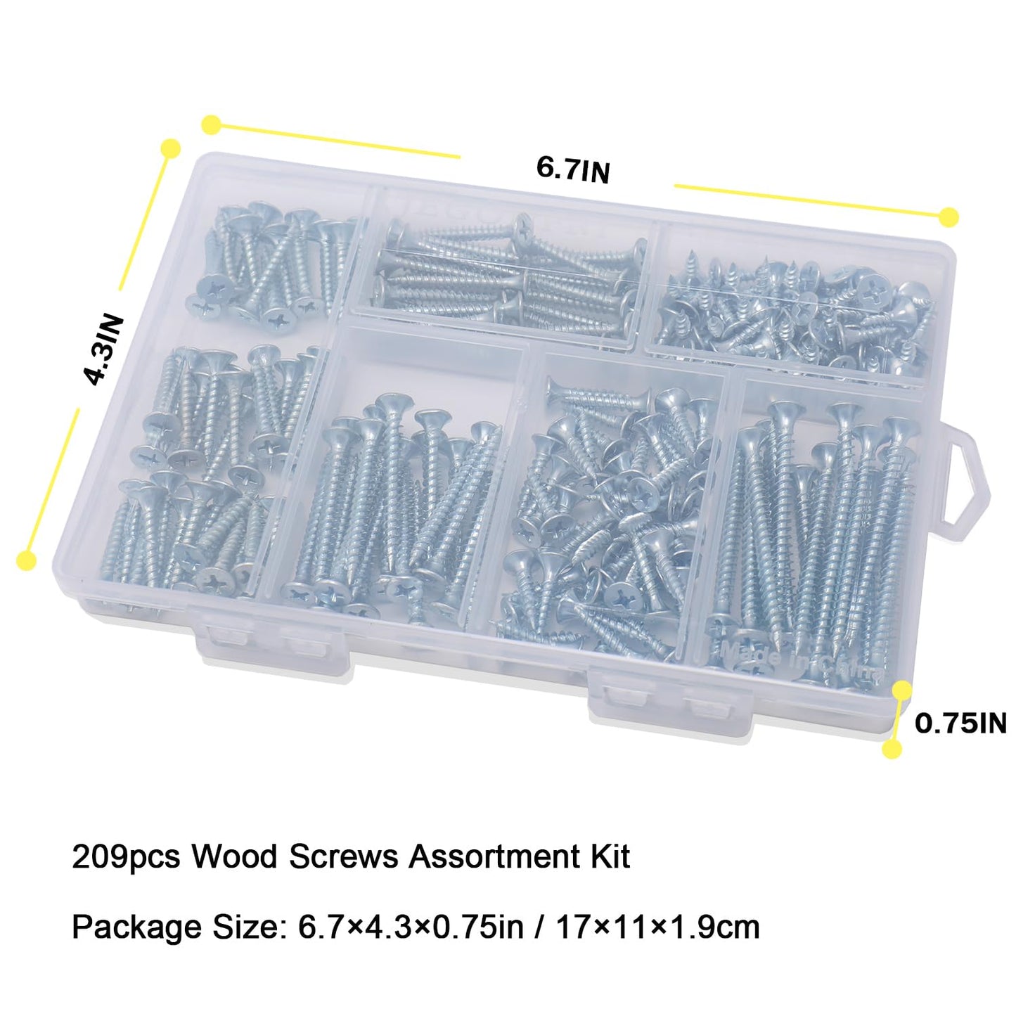 JEGONFRI High Hardness Wood Screws Assortment Kit, 209 pcs, Phillips Drive Flat Head, Wood Screws, Screws, Drywall Screws, Assorted Screws, Screws Set, 6 Sizes (2”,1-1/2”,1-1/4”,1”,3/4”,1/2”)