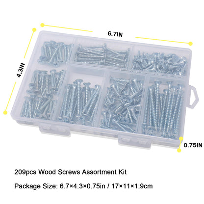 JEGONFRI High Hardness Wood Screws Assortment Kit, 209 pcs, Phillips Drive Flat Head, Wood Screws, Screws, Drywall Screws, Assorted Screws, Screws Set, 6 Sizes (2”,1-1/2”,1-1/4”,1”,3/4”,1/2”)