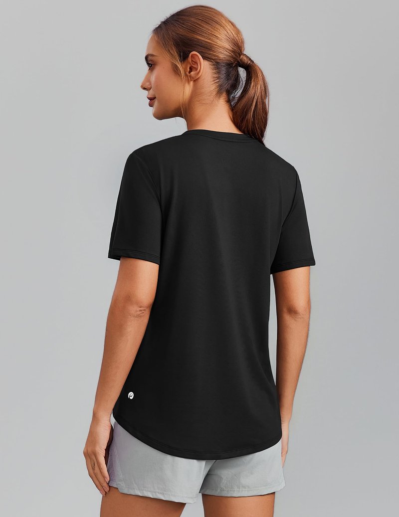PINSPARK Workout Tops for Women Short Sleeve V Neck Moisture Wicking Gym Shirts Quick Dry Athletic T-Shirts for Running Hiking,Black XX-Large