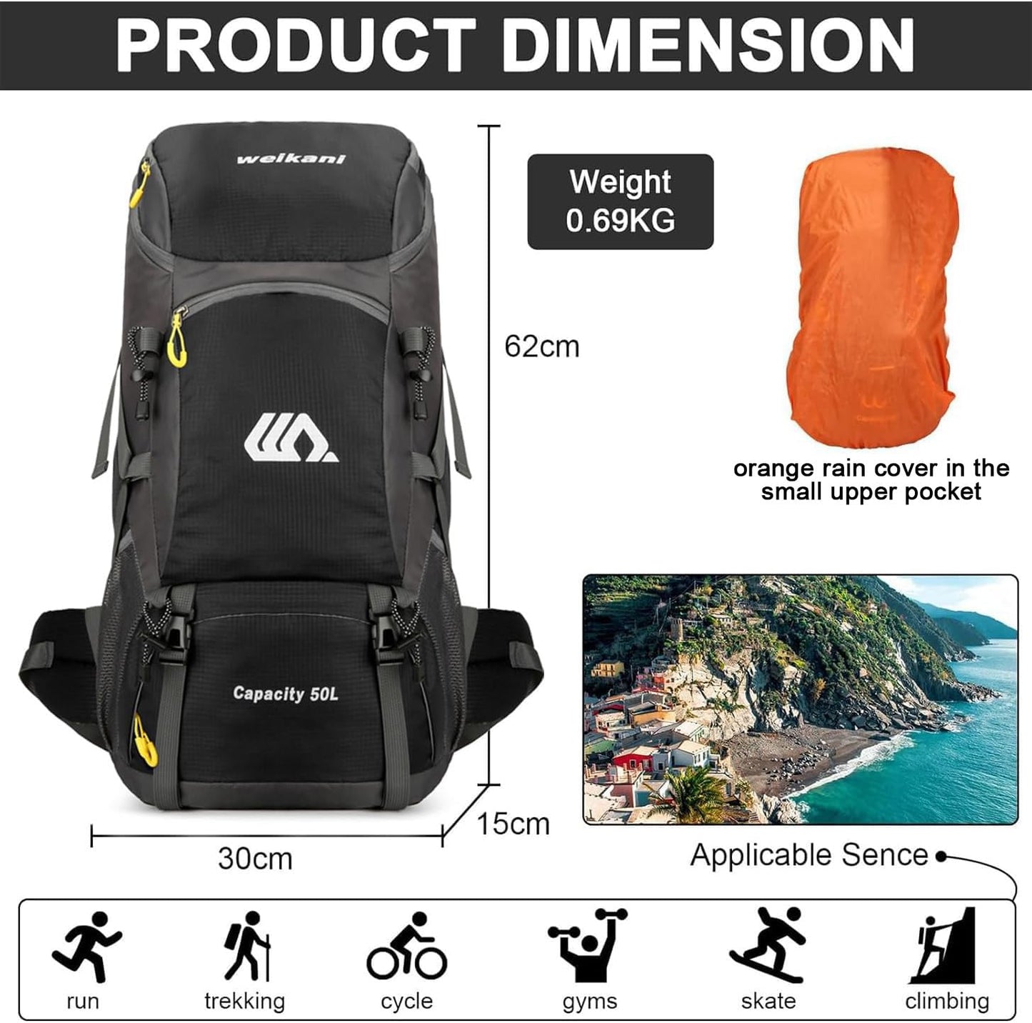 jianyana Hiking Backpack Waterproof 50L Foldable Rucksack Durable Lightweight Camping Bag with Rain Cover for Camping Trekking Hiking Walking Cycling Climbing Outdoor Sports for Women Men(Black)