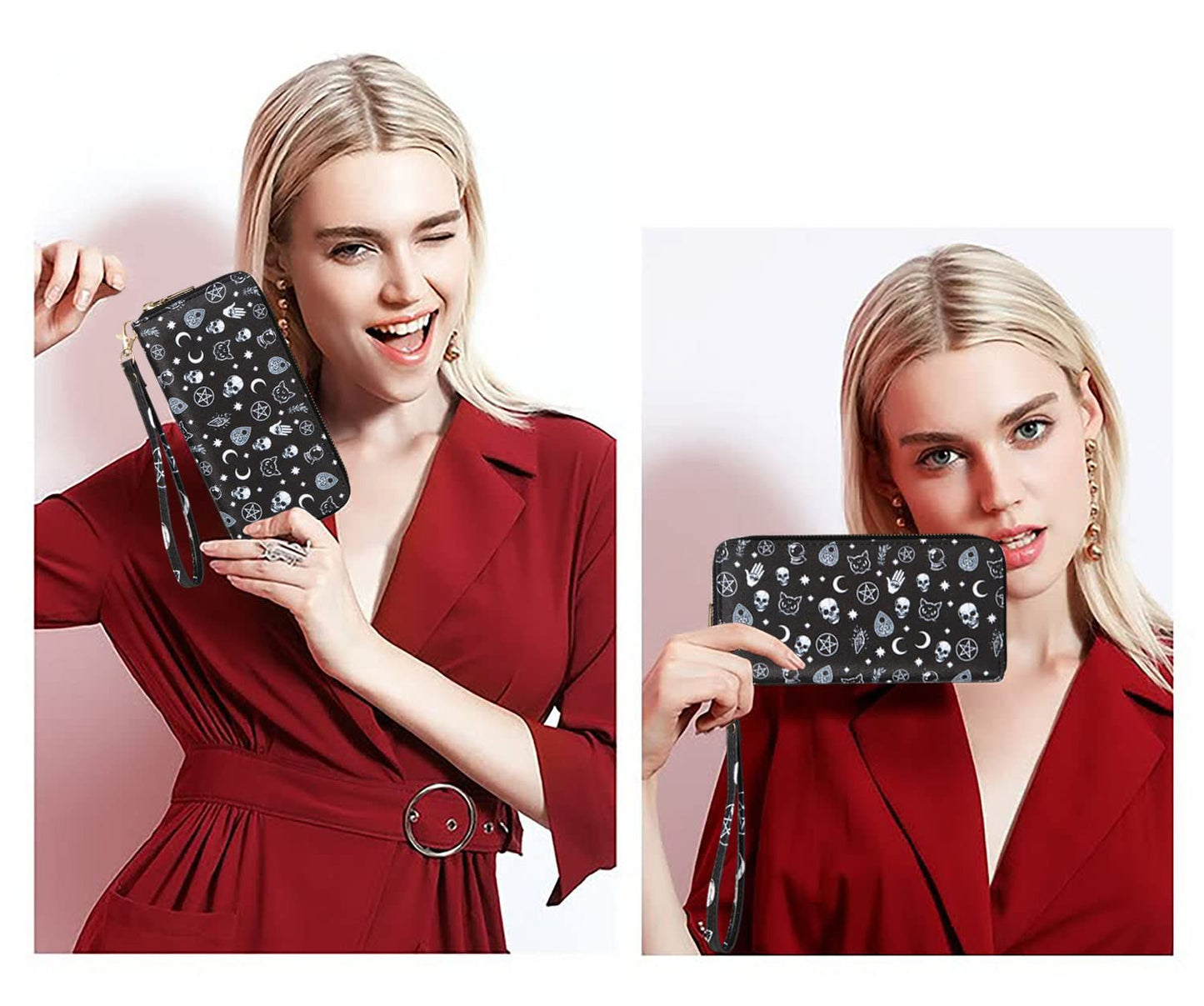 Fanwill Skull Halloween Wallet Gothic Purse For Women Wristlet Zip Around Goth Wallets Card Holder (Skull)