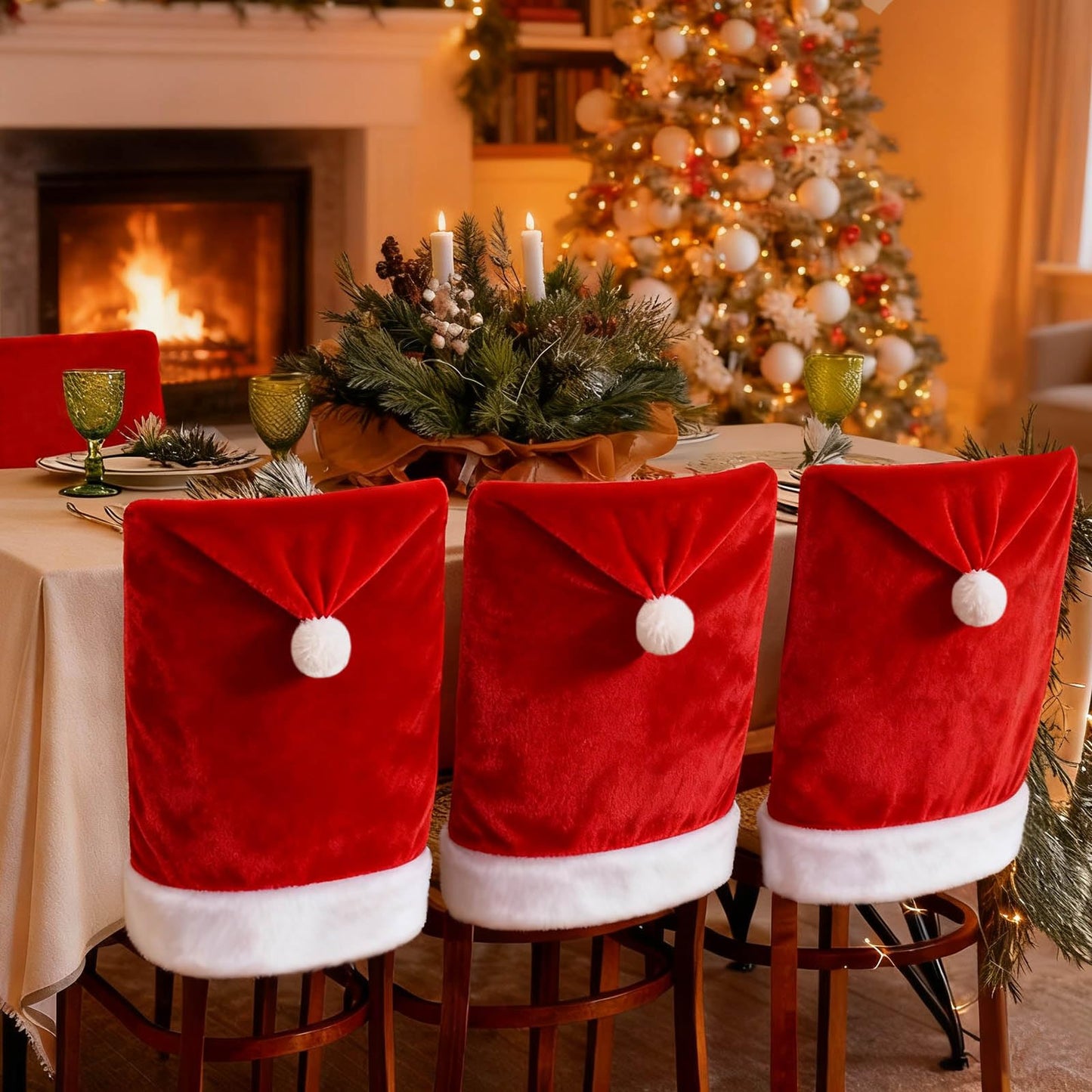 VADOO Christmas Chair Covers, 6PCS Santa Hat Chair Covers with 6 Pcs Silverware Holders Red Hat Dining Chair Slipcovers Christmas Chair Back Covers for Party Holiday Festival Decoration