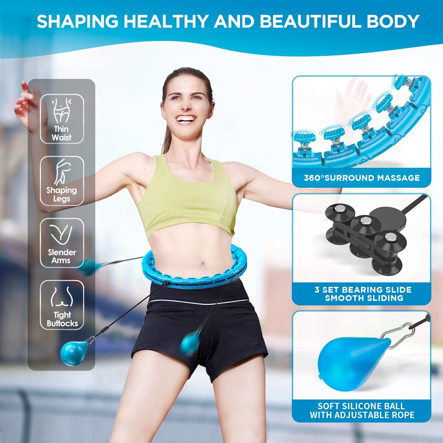 APzek Weighted Exercise Hoop Plus Size, 32 Detachable Knots for Adults & Beginners, 2 in 1 Abdomen Fitness Massage Non Fall Smart Hooola Hoop with Auto Spinning Ball