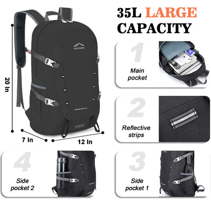 BAGPARKK 35L Lightweight Packable Travel Hiking Backpack Daypack,Water Resistant Camping Daypack (Black（35L）)
