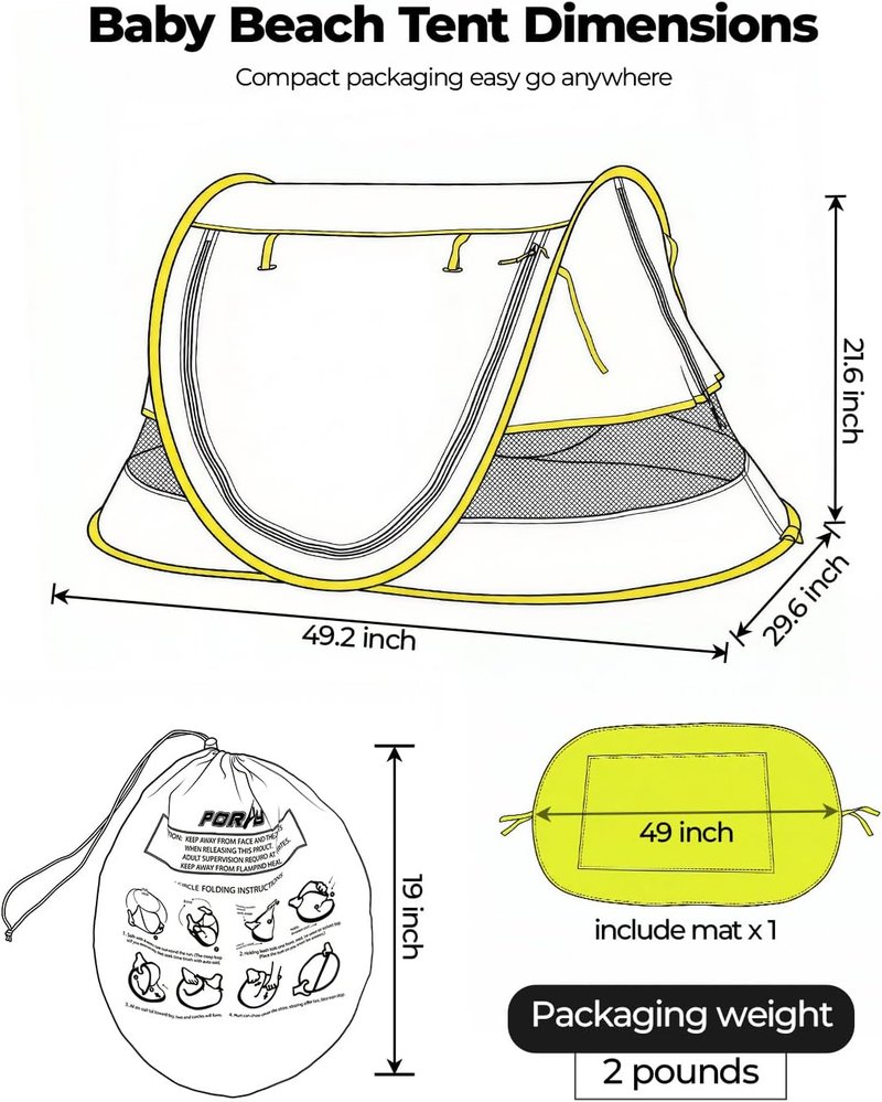 Portable Baby Beach Tent - UPF 50+ Sun Shelter with Mosquito Net | Ideal Pop-Up Kids Travel Tent with Carry Bag & 2 Stakes