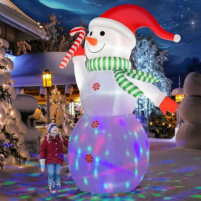 B&D 12FT Giant Christmas Inflatables Snowman Outdoor Decorations, Christmas Blow Up Snowman Inflatables Yard Decoration with Rotating Colorful LED Lights for Holiday Party Garden Yard Outdoor Decor