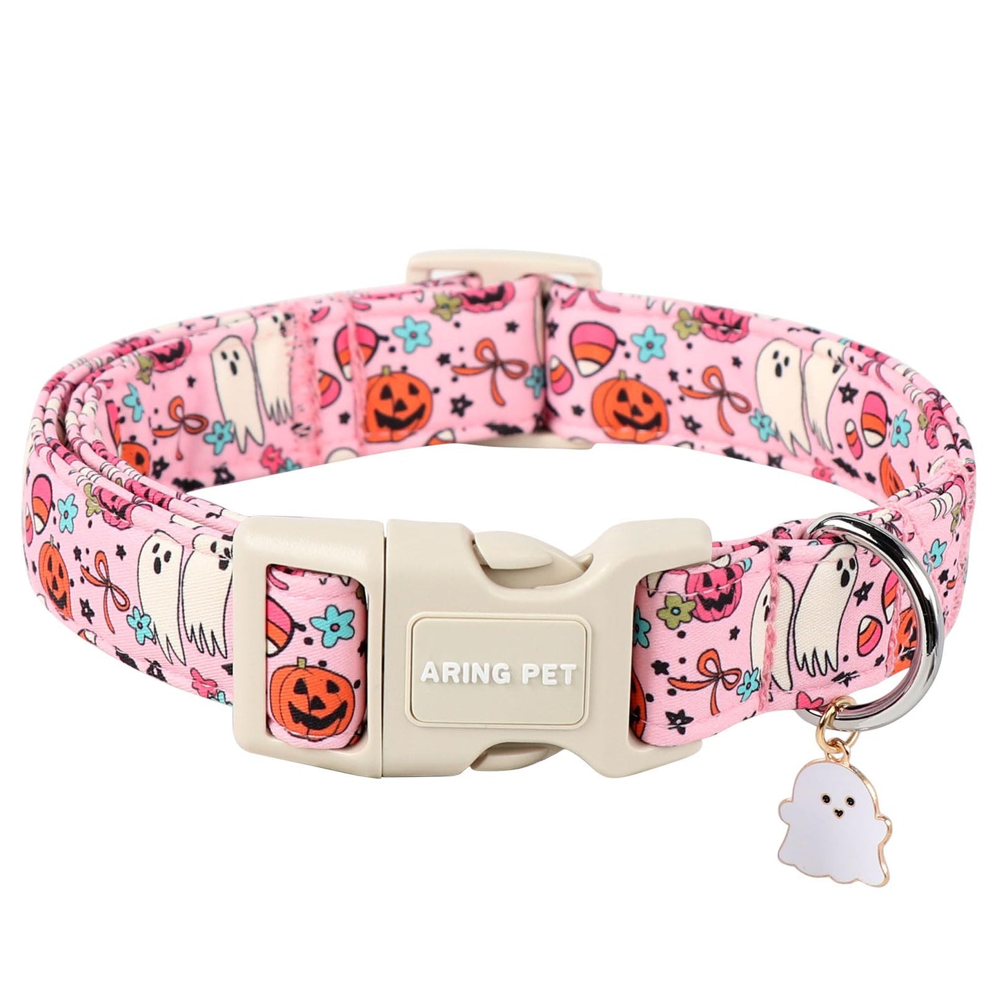 ARING PET Halloween Dog Collars, Cute Pink Pumpkin Ghost Flower Bowtie Pet Collar with Quick Release Buckle for Small Medium Large Girl Boy Dogs-L