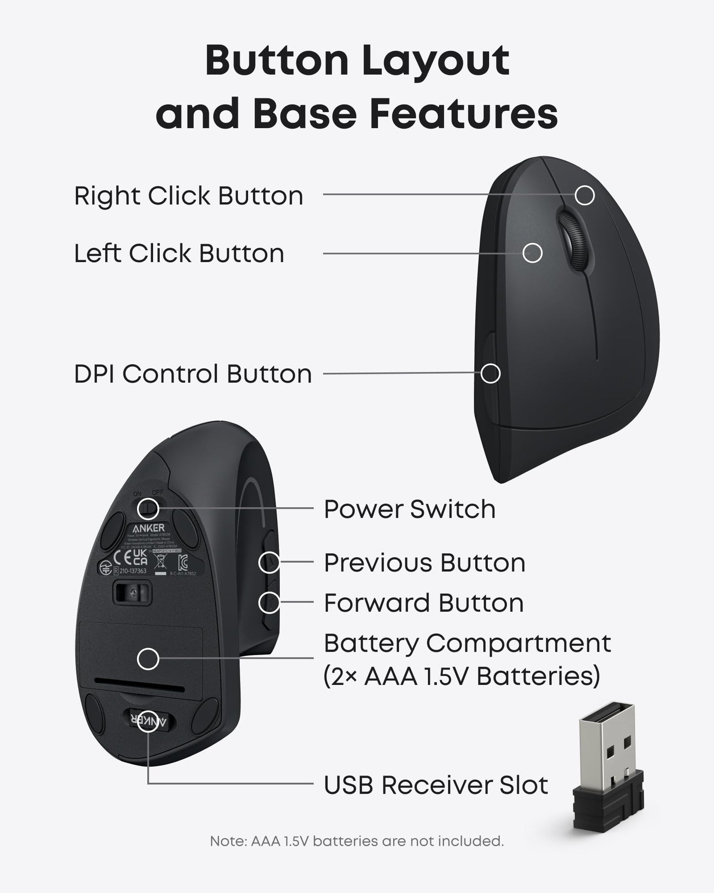 Anker 2.4G Wireless Vertical Ergonomic Optical Mouse, 800/1200 /1600 DPI, 5 Buttons for Laptop, Desktop, PC, Macbook - Black